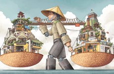 Illustrations de la ville créative de Hanoï présentées lors de l'exposition "Ha Noi la"