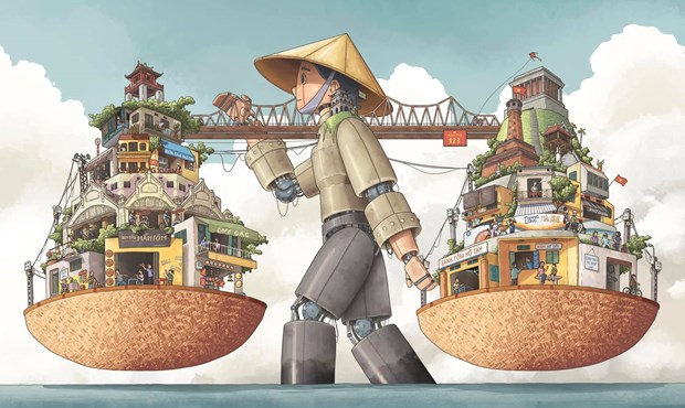 Illustrations de la ville creative de Hanoi presentees lors de l'exposition 