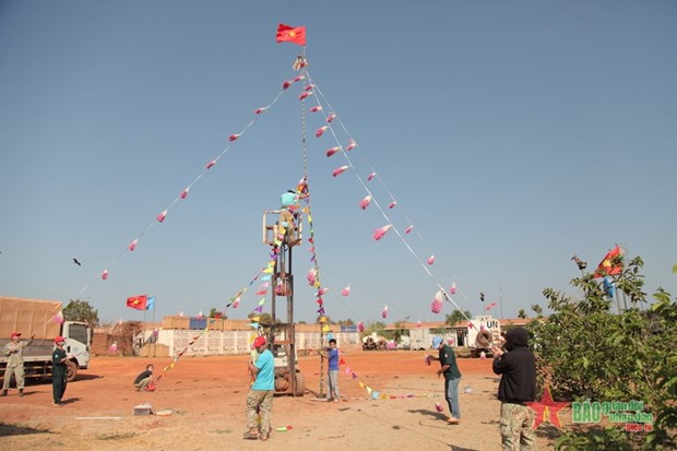 Les Casques bleus vietnamiens au Soudan du Sud erigent l’arbre de Nouvel An hinh anh 1