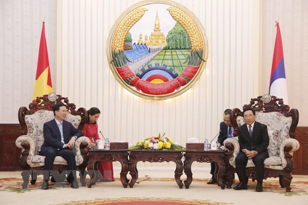 Une delegation vietnamienne de haut niveau recue par les dirigeants du Laos hinh anh 2