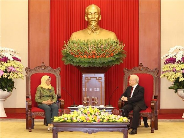 Le leader du PCV Nguyen Phu Trong recoit la presidente singapourienne Halimah Yacob hinh anh 1